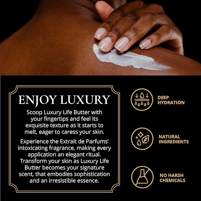 LUXURY LIFE BUTTER - Irresistibly Scented Body Butter with Hyaluronic Acid for Ultimate Moisture. Luxurious Natural Fragrance. Hydrates for a Non-Greasy Glamorous Glow, Intimate Dessert, 5 oz.