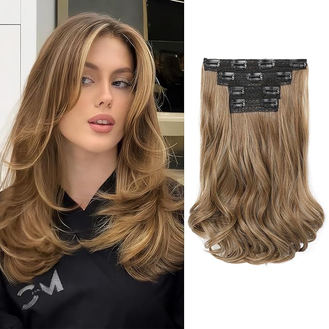 REECHO Clip in Hair Extensions - 4PCS Lace Weft 14" Short Wavy Invisible Hairpieces for Women - Natural Soft Light Brown With Blonde Highlights
