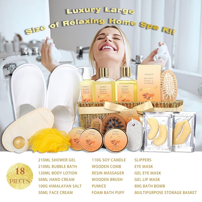 Bath Gift Basket Set, Spa Kit Gifts for Women Men, 18 Pc Almond Milk & Honey Large Spa Gift Basket Luxury Bath Set Relaxing Self Care Pampering Gifts for Birthday, Christmas, Mothers Day Gift Baskets