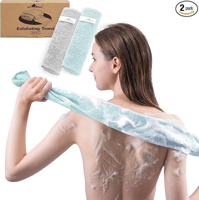 myHomeBody Exfoliating Washcloths for Showering, Loofah Body Scrubber Exfoliator, Back Shower Towel, Bath Washer for Exfoliation, Set of 2 (Color Will Be Shipped Randomly)