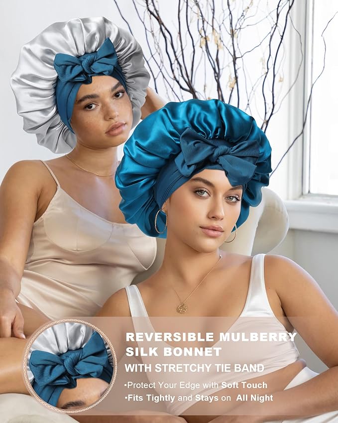 Mulberry Silk Bonnet Sleeping Women Curly Hair Bonnets Tie Band Double Layer Reversible Sleep Bonnet Silk Hair Wrap Sleep Cap
