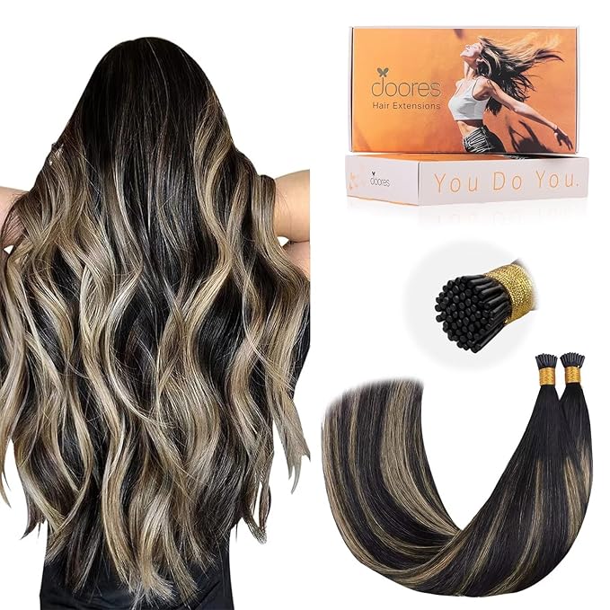 DOORES I Tips Hair Extensions Real Human Hair, 18 Inch 100g 100s Itip, Balayage Natural Black to Light Blonde
