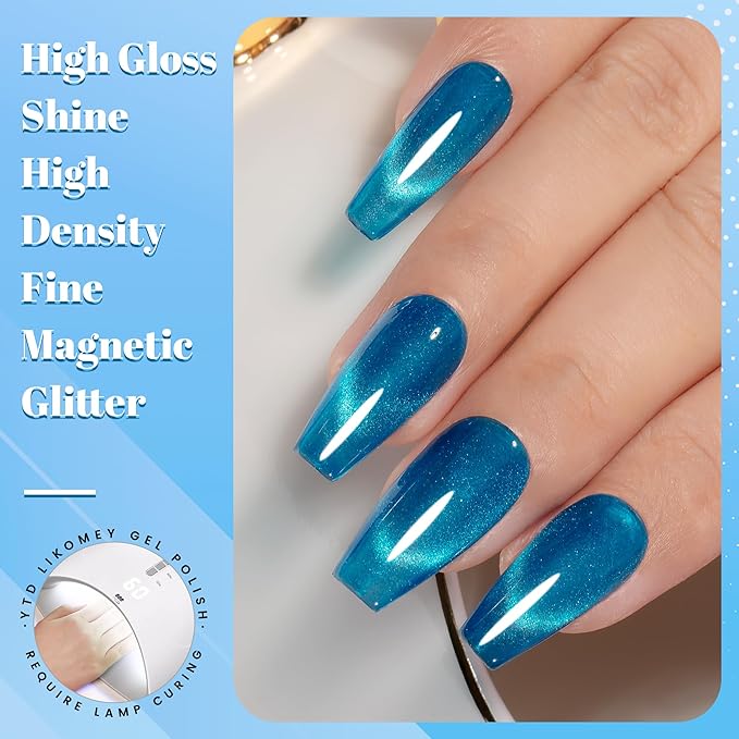 YTD Likomey High Shine Glass Cat Eye Gel Nail Polish,15ml Bright Blue Magnetic Shimmer Glitter Translucent Jelly Salon Home Fall Winter UV Color Varnish with Magnet Stick,HEMA Free TPO Free,MY505