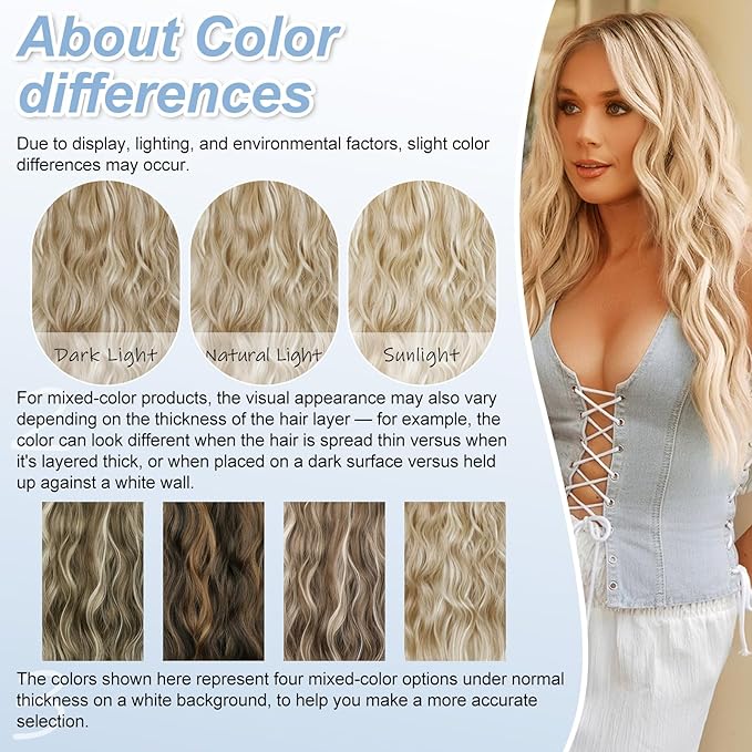 Blonde Highlights Invisible Wire Hair Extensions Long Wavy Synthetic Hairpiece with 4 Secure Clips for Women 20 Inch Clip in Hair Extensions