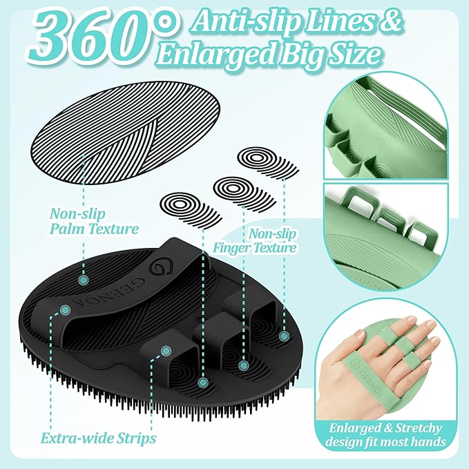 Soft Silicone Bath Gloves 2PC, 360° Anti-Slip & Enlarged Silicone Body Scrubber for Rich Foaming Deep Cleaning, Revolutionary No-Grip & Hand-fit Shower Scrubber for All Skin Types(Black+Green)