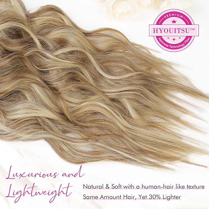 REECHO Clip in Hair Extensions, 4PCS Hair Extensions 24" Thick Long Beach Waves hair extensions HE003 Invisible Lace Weft – Medium Blonde with Blonde Highlights