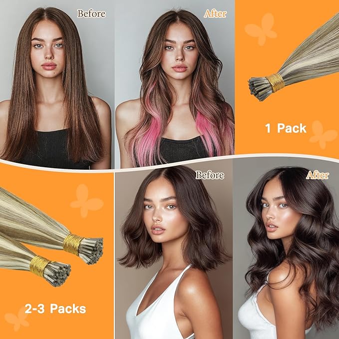 DOORES I Tip Hair Extensions, Light Brown Highlighted Medium Blonde, 14 Inch Short Straight Real Hair, 50g/100s, Cold Fusion ITip