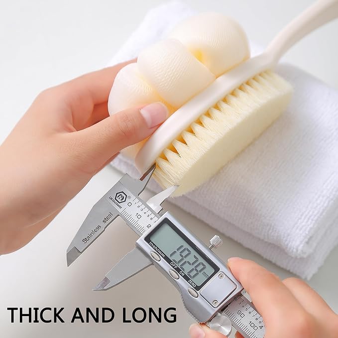 Shower Body Brush with Bristles and Large Pumpkin Loofah,Back Scrubber Bath Mesh Sponge with Anti-Slip Curved Long Handle for Skin Exfoliating,Massage Bristles for Wet or Dry,Men Women (White)