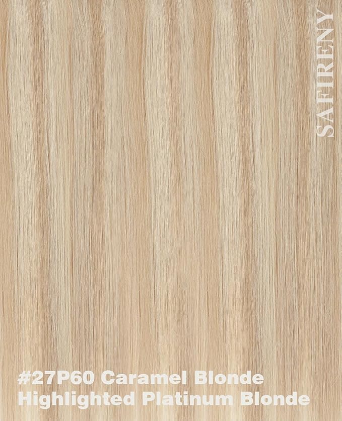 Clip in Hair Extensions 14 Inch Caramel Blonde Highlighted Bleach Blonde Real Human Hair 140g 7pcs Hair Extensions Clip ins Straight Real Hair for Women(#27P60-14inch)