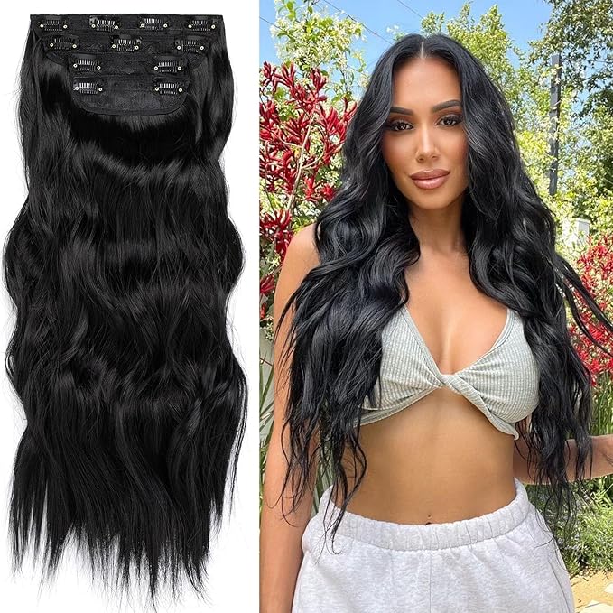 Clip in Hair Extensions Black Hair Extensions Clip ins 20 Inch Long Wavy Thick Hairpieces for Women Natural Synthetic Fiber Double Weft 4 Pcs