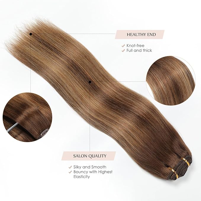 Sisily Clip in Hair Extensions Real Human Hair, 22 inch 170g, Chocolate Brown To Caramel Blonde, 100% Brazilian Remy Human Hair Clip in Extensions Soft Straight 7pcs Per Set with 16 Clips Double Weft