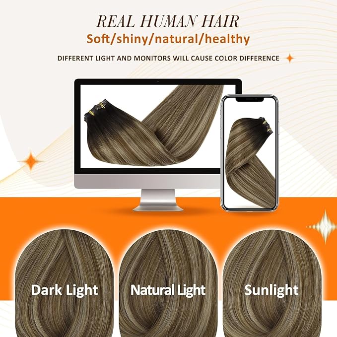 Full Shine Human Clip in Hair Extensions Ombre Seamless Clip ins Dark Brown Balayage Medium Brown Mix Honey Blonde Black Hair Extensions 16 Inch 120 G 8 PCS