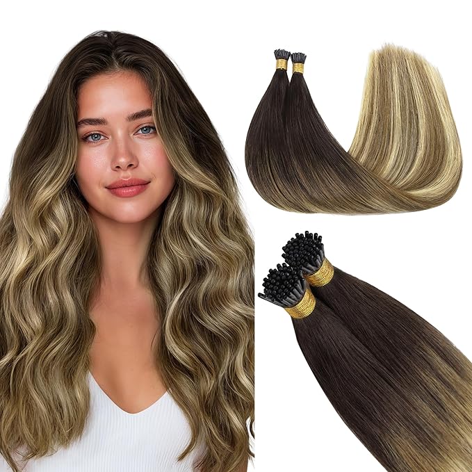 GOO GOO I Tip Hair Extensions Real Human Hair, 20in 100g 100S, Cold Fusion I Tip, Invisible Remy Hair Extensions, Balayage Brown to Dirty Blonde
