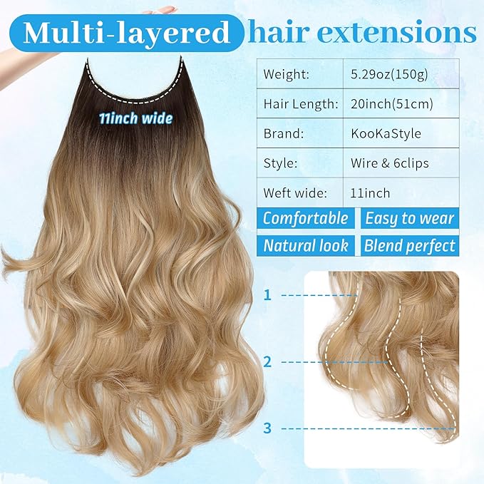 KooKaStyle Invisible Wire Hair Extensions Long Wavy Layered Synthetic Hair Extensions with Transparent Wire Adjustable Size 6 Secure Clips Brown to Blonde Hairpieces for Women 20 Inch