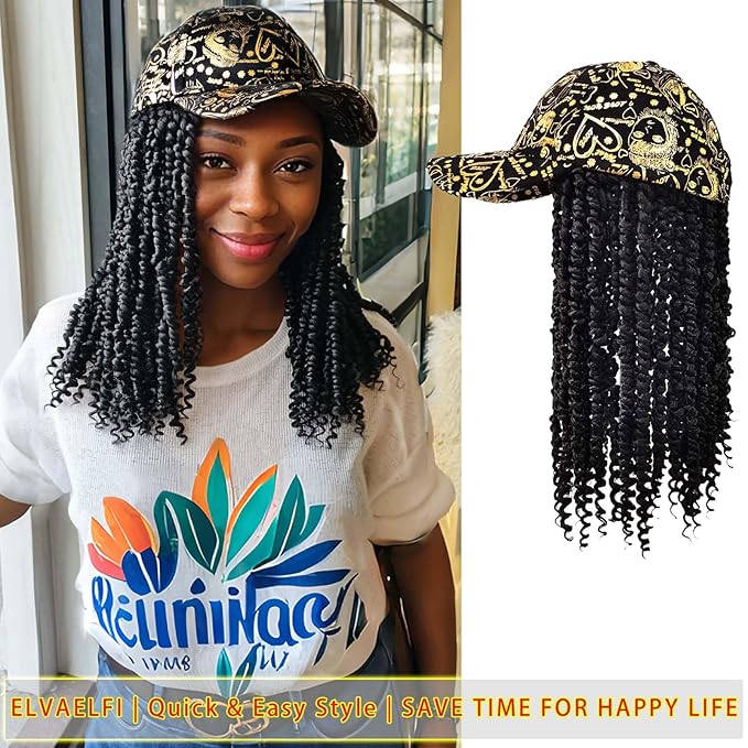 12inch Passion Twist Hair Extensions, Gold Graffiti Baseball Cap Wig, Breathable Synthetic Hair for Women