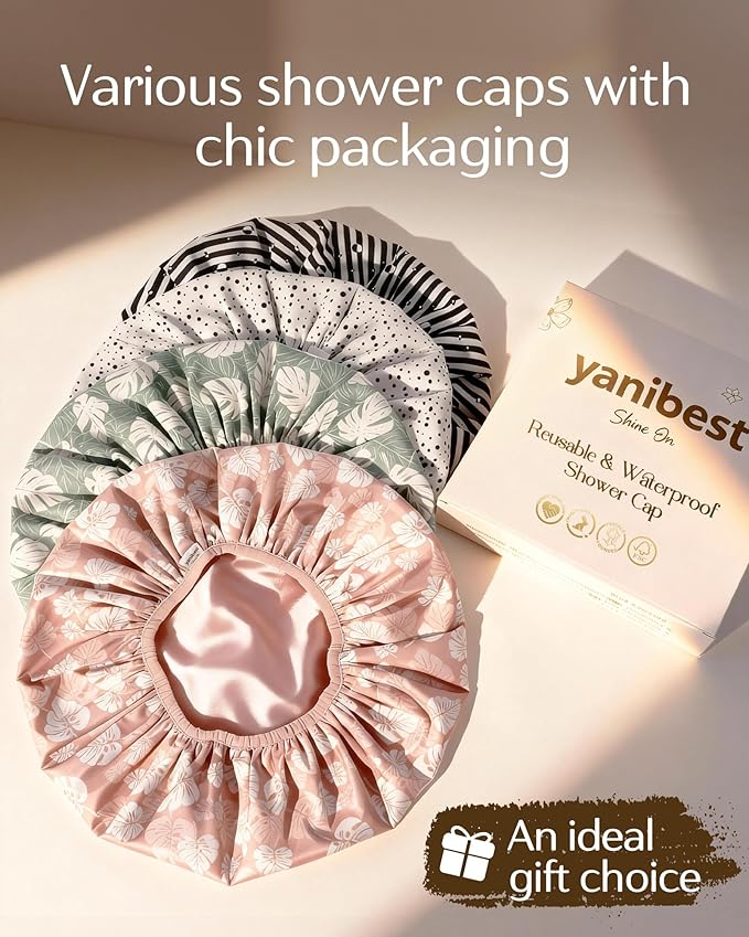 Yanibest Shower Cap for Women - Hair Satin Bonnet Shower Cap for Women Waterproof Extra Large Double Layer Reusable Adjustable for Braids Long Hair
