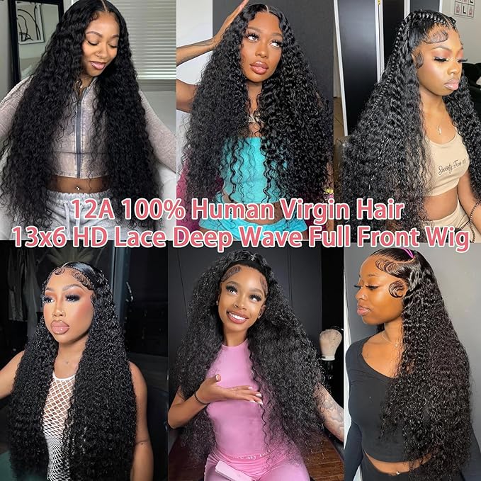 Dianthe Deep Wave Lace Front Wigs Human Hair 180% Density 13x6 HD Transparent Glueless Pre Plucked Deep Curly Wig Wet and Wavy Human Wigs for Women with Baby Hair (Deep Black, 22-Inch)