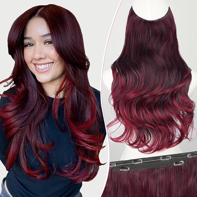 Invisible Wire Hair Extensions Layered Long Wavy Ombre Burgundy mix Black Hairpiece for Women Transparent Wire Adjustable Size 6 Secure Clips Invisible Headband Hair Extension 20 Inch