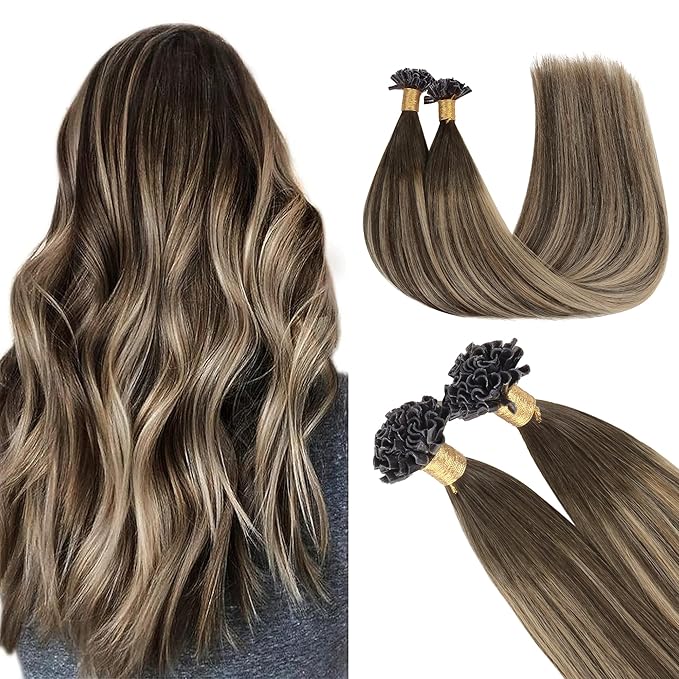 GOO GOO U Tip Hair Extensions, Real Human Hair, 22inch 50g 50S, Hot Fusion, Invisible Remy, 4/26/4 Balayage Chocolate Brown to Honey Blonde
