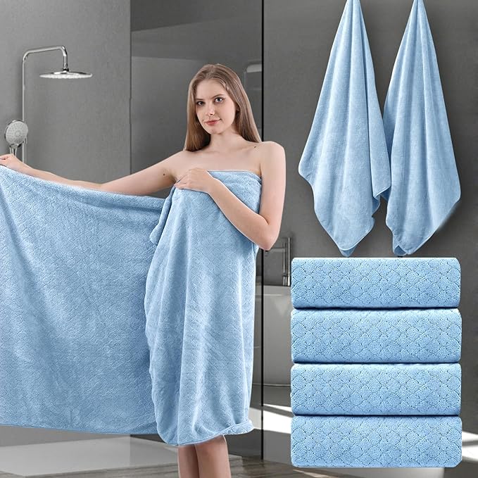 Ycosy Extra Large Bath Towels Set 35x70 Inches - Blue Luxury 600 GSM Oversized Bath Sheet Towel,Ultra Soft Microfiber - Quick Dry,Highly Absorbent Shower Towels Spa Hotel Bathroom Towel Set (4-Pack)