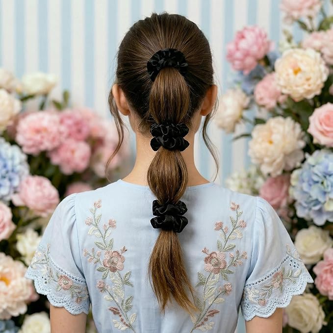 Satin Scrunchies, 6 Pack, Reduces Hair Breakage, Prevents Frizz, Smooth Texture (Black)