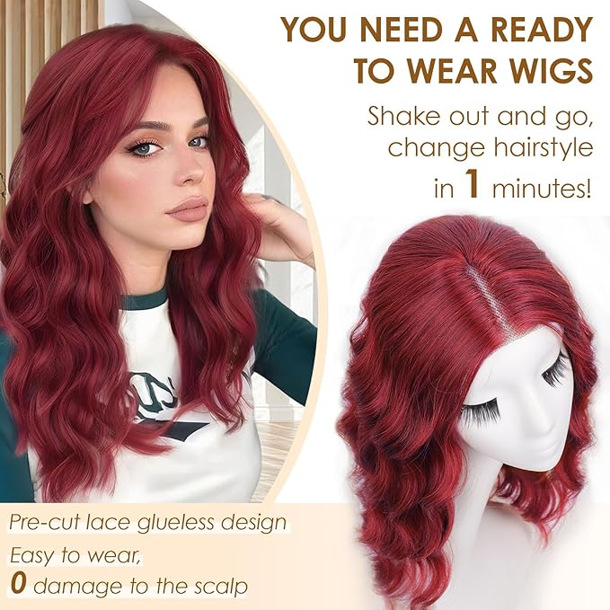 AISI HAIR Red Wig for Women Medium Length Wave Curly Glueless Synthetic Heat Resistant Hair Wigs for Daily Party Cosplay