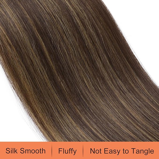 SEIKEA 28" Drawstring Ponytail Extensions Long Straight Fake Pony Tail Natural Soft Clip in Hair Extension Synthetic Heat Resistant Hairpiece - Chocolate Brown with Caramel Blonde Highlights