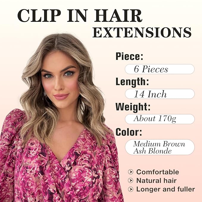 NAYOO Clip in Hair Extensions for Women 14 Inch Short Wavy Curly Medium Brown Ash Blonde Hairpieces Full Head Synthetic Hair Hairpieces (6PCS, Medium Brown Ash Blonde)