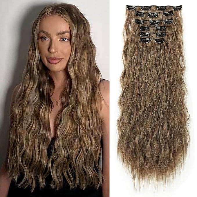 LONAI Clip In Hair Extensions, 6PCS Curly 24" Long Synthetic Clip On Hairpiece For Women-Dark Ash Blonde with Hightlights