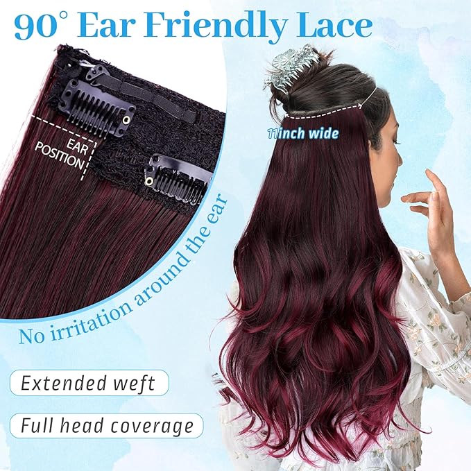 KooKaStyle Invisible Wire Hair Extensions Long Wavy Layered Synthetic Hair Extensions with Transparent Wire Adjustable Size 6 Secure Clips Ombre Burgundy mix Black Hairpieces for Women 20 Inch