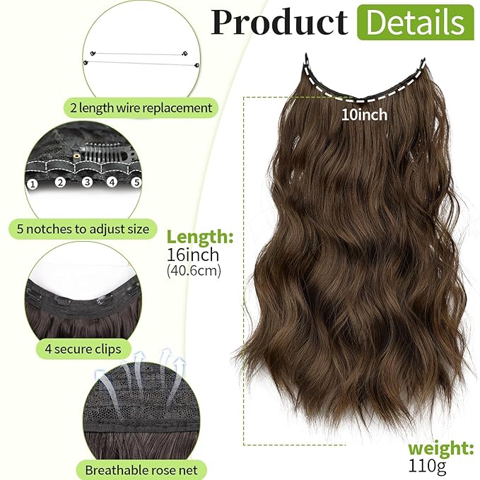 KooKaStyle Invisible Wire Hair Extensions with Transparent Wire Adjustable Size Long Wavy Synthetic Hairpiece Rich Medium Brown 16 Inch with 4 Secure Clips for Women