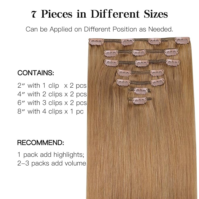 HOTBANANA Human Hair Clip in Hair Extensions, Bronde 120g Clip in Hair Extensions Real Human Hair Straight Remy Hair Clip in Hair Extensions 16 Inch 7pcs
