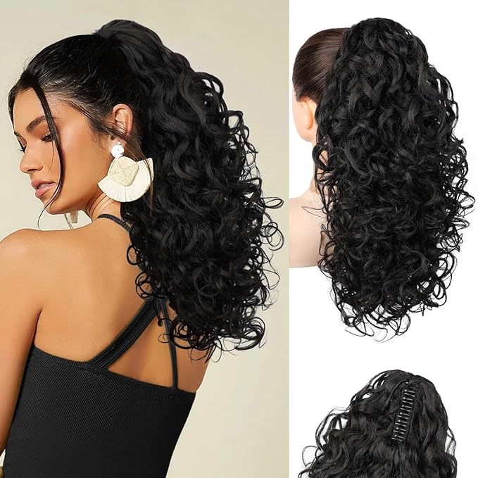 Flufymooz 100％ Pure Protein Ponytail Extension, 18 Inch Curly Claw Clip Ponytail Hair Extensions Natural Soft pony tail hairpiece for women-Black Brown