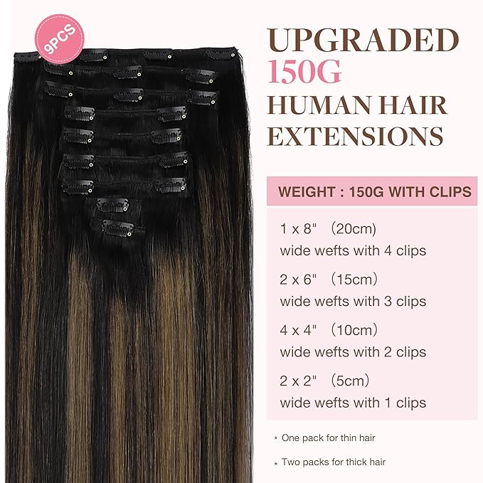 GOO GOO Clip in Hair Extensions Real Human Hair, Remy Human Hair Extensions Clip ins for Women, Natural Human Hair, 18inch 150g 9Pcs, 1B/6/1B Balayage Natural Black to Chestnut Brown