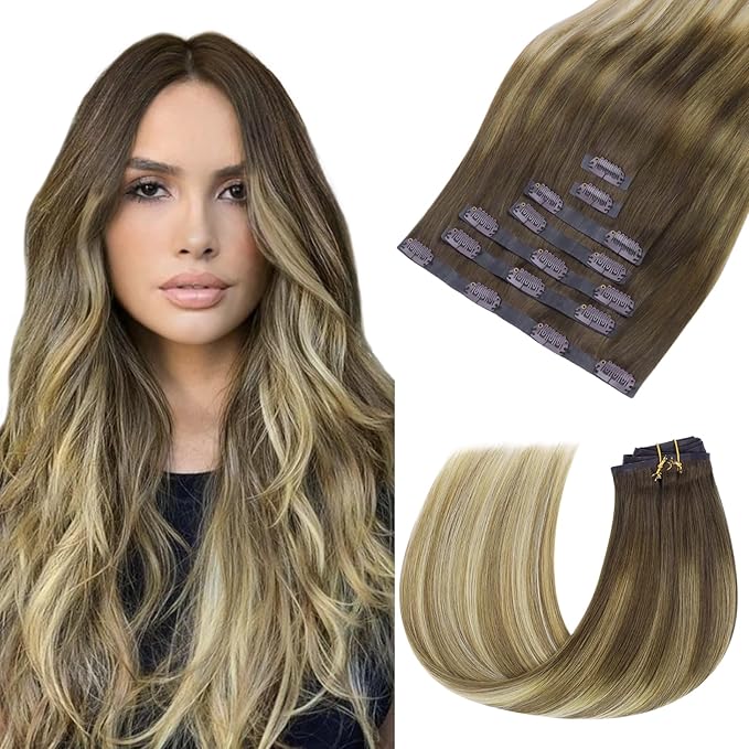 HOTBANANA Seamless Clip in Hair Extensions, 22 Inch 110g 7pcs Walnut Brown to Ash Brown and Bleach Blonde Invisible PU Skin Weft Straight Remy Human Hair Extensions