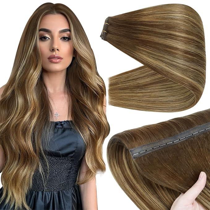 Full Shine Butterfly Weft Hair Extensions Invisible Pu Hole Weft Real Human Hair For Women Color Medium Brown To Honey Blonde Double Side Genius Weft Human Hair 80 G16 Inch