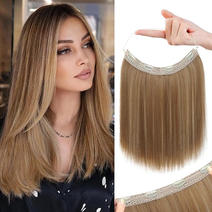 REECHO 12" Invisible Wire Hair Extensions with Thinner Softer Lace Weft Adjustable Size Removable Secure Clips in Short Straight Secret Hairpiece for Women - Medium Brown with Blonde Highlights