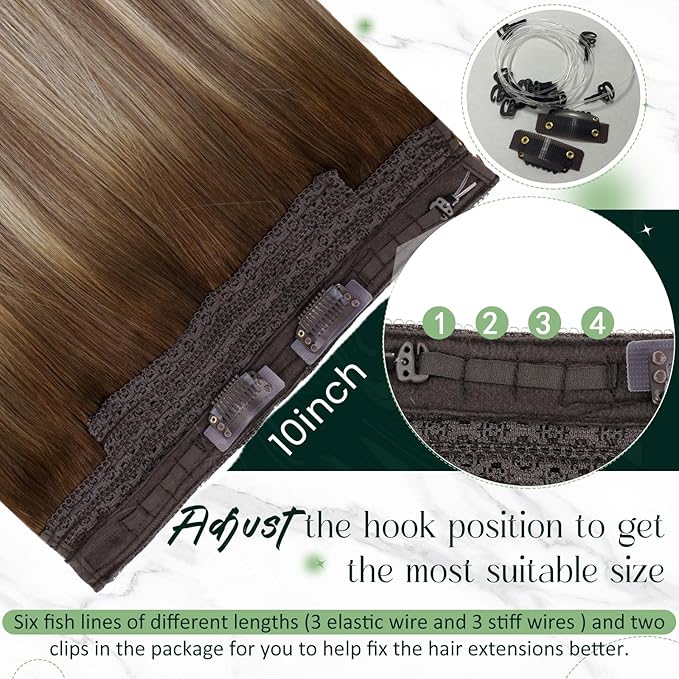 RUNATURE Brown Ombre Blonde Wire Hair Extensions Real Human Hair, Invisible Wire Hair Extensions Remy Straight Hair，One Piece 14 Inch 70g #3/8/22 Walnut Brown to Light Brown with Light Blonde