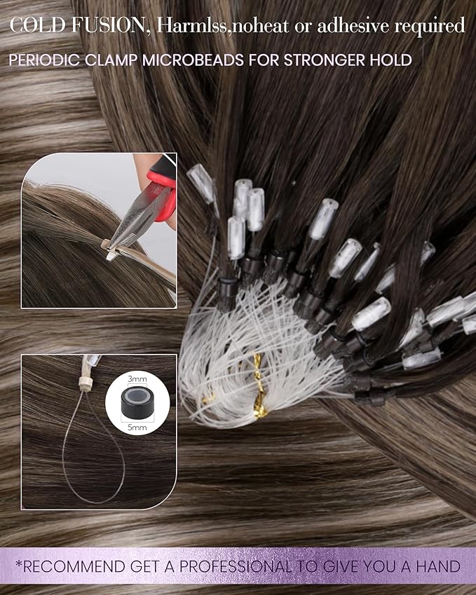 LaaVoo Microlink Hair Extensions Human Hair Brown Micro Beads Hair Extensions Balayage Dark Brown to Ash Brown Mix Brown Micro Hair Extensions Human Hair 14 Inch 50g 50s