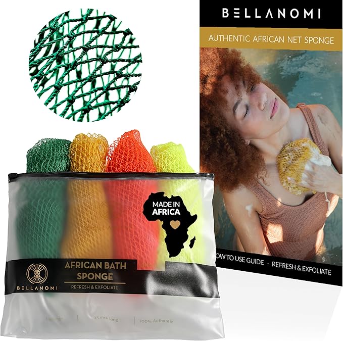 BELLANOMI 4 Piece African Exfoliating Net Sponge Long African Bath Sponge, Authentic Ethically Sourced from Nigeria, Great for Daily Use (Key Lime, Yellow, Orange, Lemon)