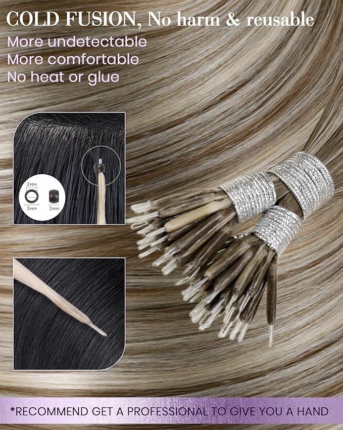 LaaVoo Nano Ring Hair Extensions Brown Highlight Nano Bead Hair Extensions Highlight Light Brown to Golden Brown Nano Extensions Human Hair 18in 50g 50s