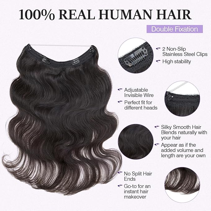 Halo Hair Extensions Real Human Hair,Halo Hair Extension 100% Human Hair,Wire Hair Extensions,Wavy 1B Natural Black 18inch/65g