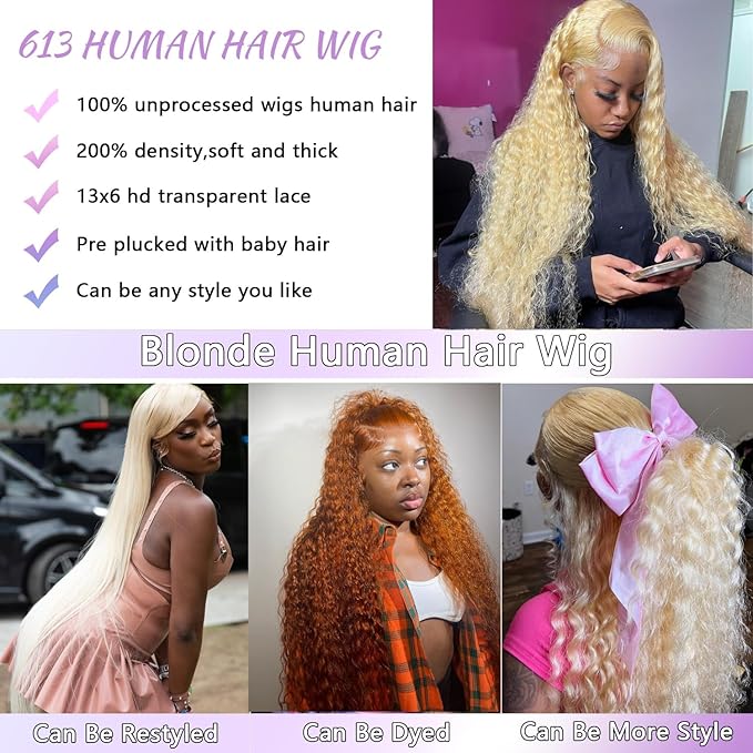 22 Inch 613 Lace Front Wig Human Hair 613 13x6 Deep Wave HD Lace Front Wigs Human Hair 200% Density Blonde Wig Human Hair Pre Plucked for Women