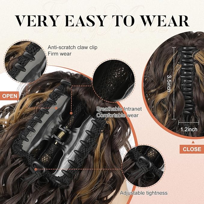 Flufymooz Ponytail Extension, 12" Short Claw Ponytail Wavy Curly Jaw Clip in Pony Tails Hair Extension Natural Synthetic Hairpiece for Women (Chocolate Brown with Blonde Highlights)