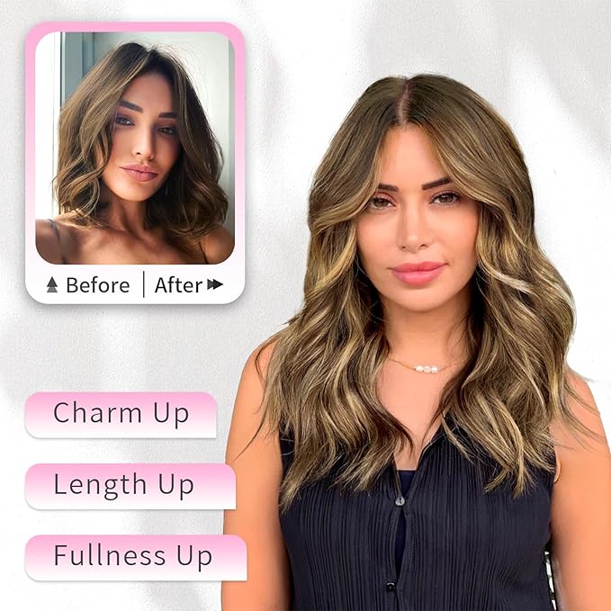 KooKaStyle Short Hair Extensions 6PCS 14 Inch Wavy Curly Hairpieces Synthetic Soft Lace Weft Clip in Hair Extensions-Light Brown with Caramel Blonde for Women