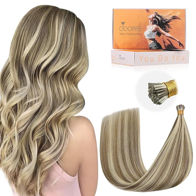 DOORES I Tip Hair Extensions Human Hair, Light Brown Highlighted Medium Blonde 50g/50s 18 Inch, Pre Bonded Long Straight