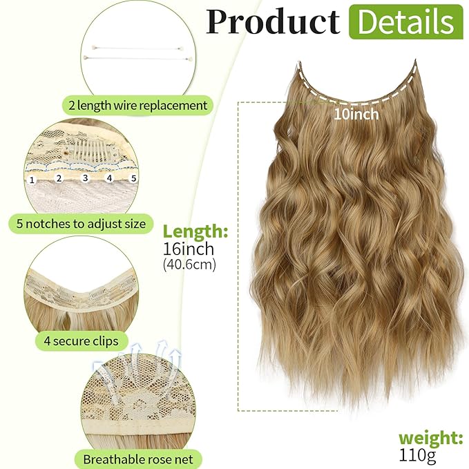 KooKaStyle Invisible Wire Hair Extensions with Transparent Headband Adjustable Size 4 Secure Clips Long Wavy Secret Wire Hairpiece 16 Inch 112#Honey Blonde for Women