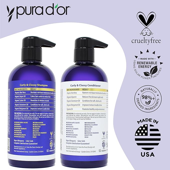 PURA D'OR Curly & Classy Shampoo (16oz) with Argan Oil, Castor Oil, Geranium Oil and Bergamot - Nourishing and Hydrating Formula for Luscious Curls
