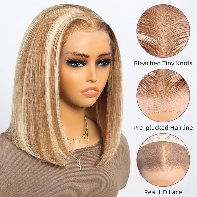 P12/613 Bob Wig Human Hair 13x4 Ready to Go Highlight 12A P12/613 Lace Front Wigs Human Hair 210% Density HD Lace Front Wig Pre Plucked (12inch, 13X4 Bob Wig)