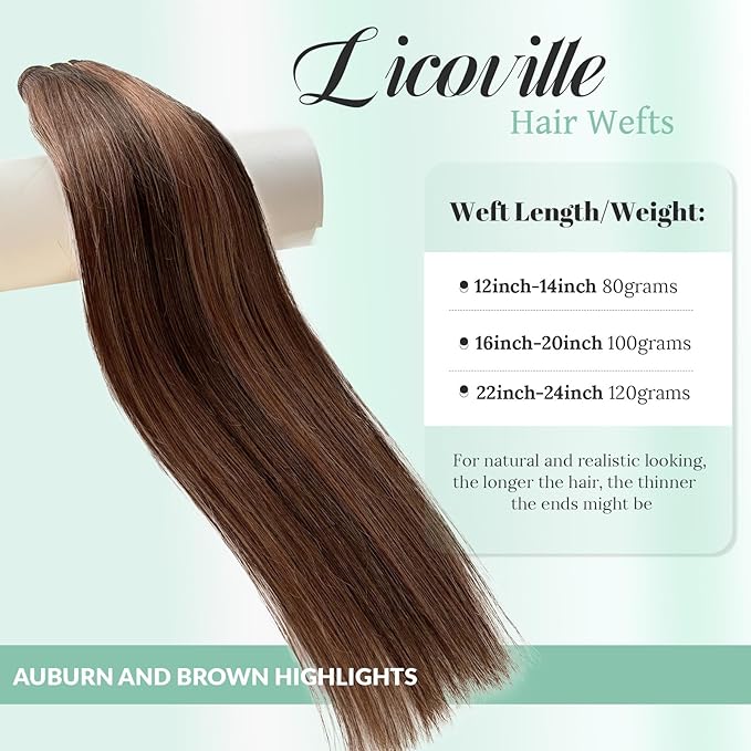 Auburn Brown Highlight Bundles Sew in Human Hair Extensions for Women 22 Inch 120G Medium Brown and Light Auburn Balayage Straight Real Human Hair Wefts Sew in Hand Tied Weft Hair Extensions